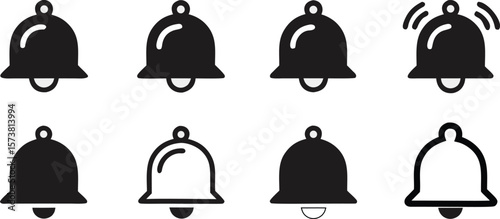 8 Minimal Notification Bell Icons Set – Flat Vector Design on White Background.