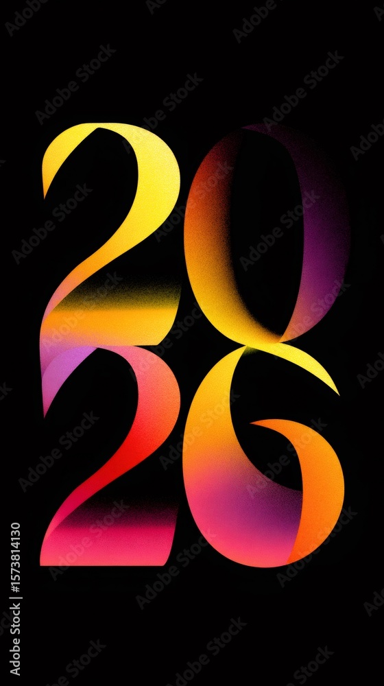 Fototapeta premium Stylized number 2026 with gradient colors on a black background, representing the new year. Modern graphic design for celebration.
