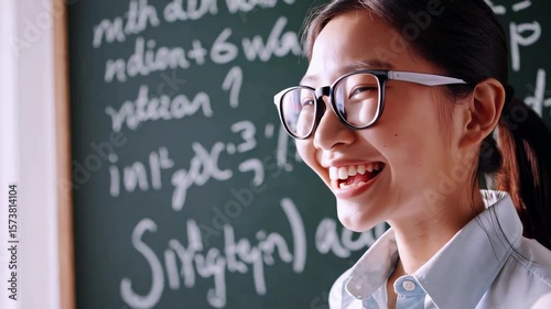 Laughing asian female teacher engages in educational chalkboard interaction session