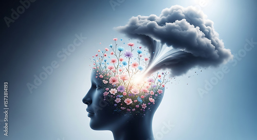 A silhouette of a head with flowers and a cloud symbolizing thoughts and emotions.