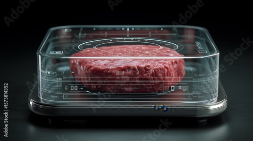Innovative lab-grown meat patty in futuristic display box.