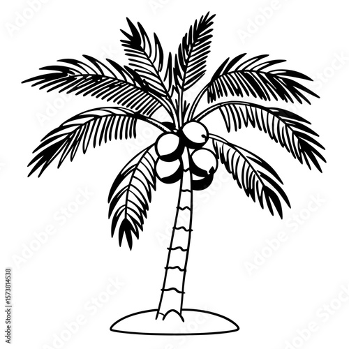Minimal black silhouette of a short coconut palm tree isolated on transparent background