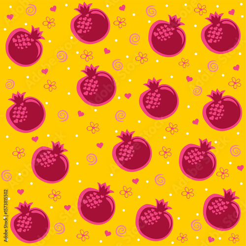 Pomegranate seamless pattern with cute white flowers. Red garnet seamless background design for wrapping paper, cards, packaging. Rosh Hashanah background. Vector illustration