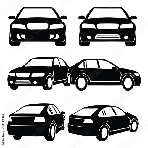 Automobile vector icon set, a collection of car, truck, and sport vehicle silhouettes for transport and traffic design