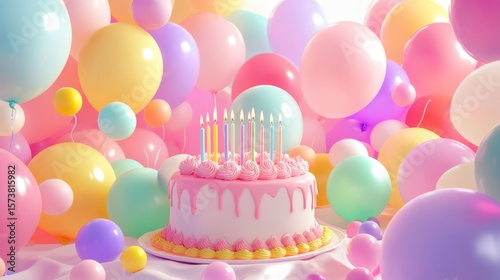 Colorful birthday party scene with festive balloons and a birthday cake topped with lit candles on a vibrant background




