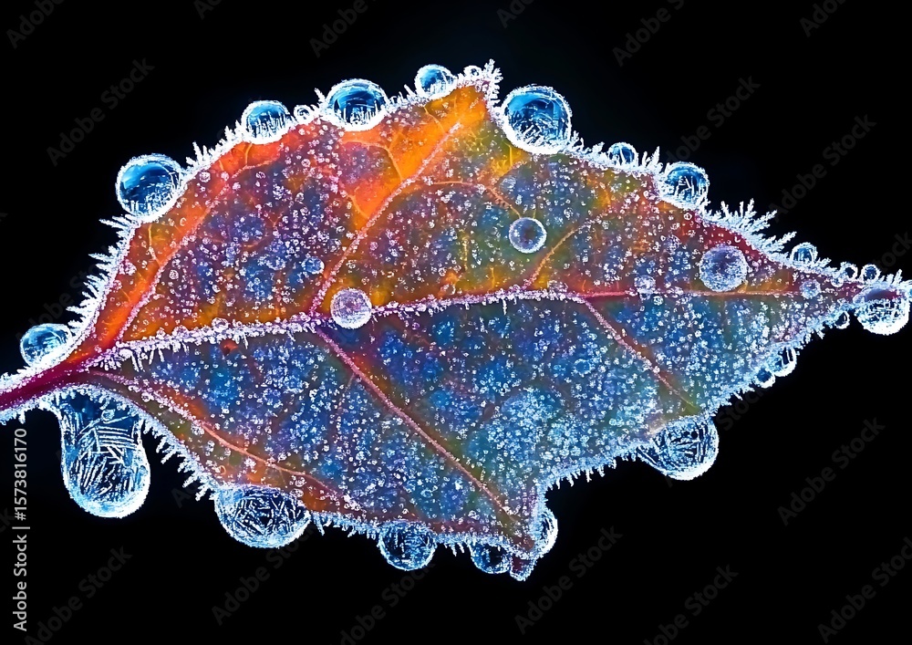 Obraz premium Nature’s Crystal Masterpiece A Leaf Wrapped in Morning Jewels Frozen in Time and Color The Beauty of Detail Revealed