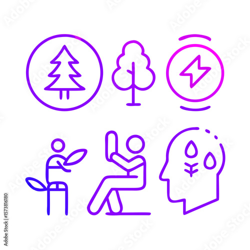 Collection of icons on the topic of self-care, healthy lifestyle. Vector illustration in a modern style according to all the requirements and rules of the photostock. Set of vector forest icons. Picto