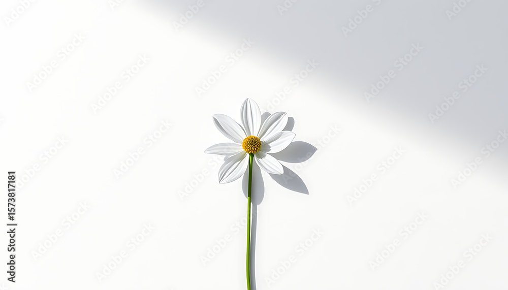 Obraz premium Single White Daisy with Yellow Center on a Clean White Background with Shadow
