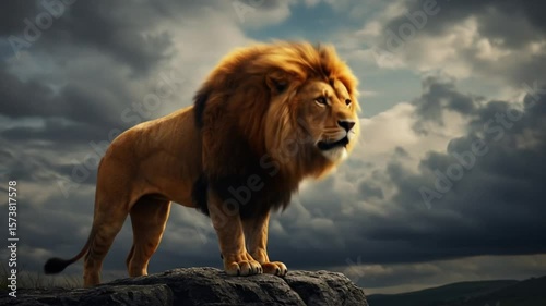 Wallpaper Mural Majestic lion roaring in savannah under dramatic cloudy sky, file video 2K Torontodigital.ca