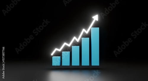 A blue bar graph with a white arrow pointing upwards on a black background showing positive growth