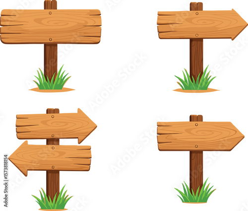 Wooden direction signs collection, blank wooden signpost set, arrow board vector, empty wood signage isolated, cartoon road direction illustration