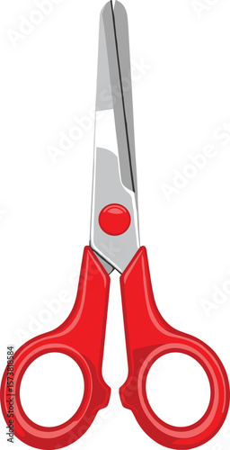 Red scissors with sharp blades, cartoon vector tool, cutting instrument illustration, isolated on white, school supplies, stationery item clipart