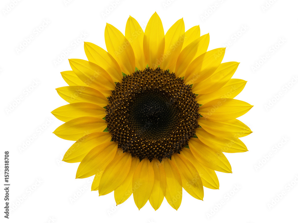 Fototapeta premium Bright yellow sunflower head with dark center isolated on transparent background