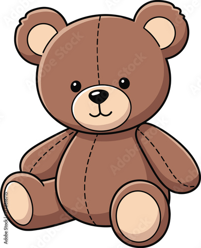 Cute brown teddy bear sitting, cartoon toy vector, plush animal illustration, adorable stuffed bear, soft toy clipart