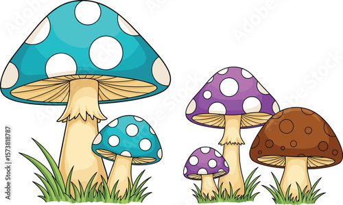 Colorful cartoon mushrooms in grass, vector illustration, fantasy forest fungus, spotted toadstools clipart, nature elements, magic mushroom drawing art