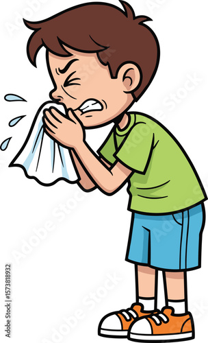 Cartoon boy sneezing into tissue, sick child vector illustration, spreading germs concept, flu symptoms, hygiene awareness, illness prevention clipart