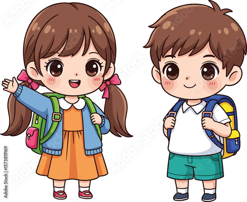 Cute cartoon school kids with backpacks, happy boy and girl illustration, back to school vector, children education character clipart