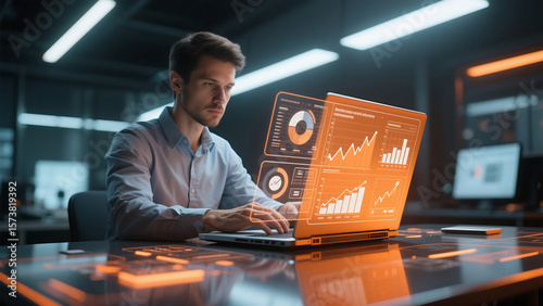 Man working on laptop with orange holographic charts in a futuristic office environment setting