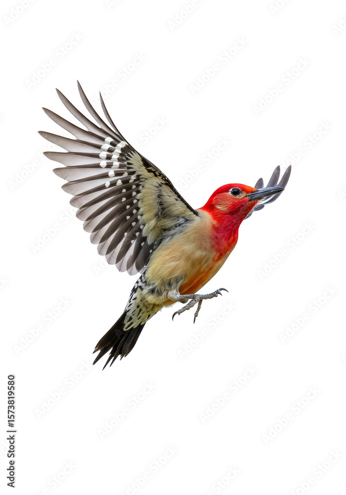 Obraz premium Isolated Bird Flying with Open Wings Red Feathers on Transparent Background
