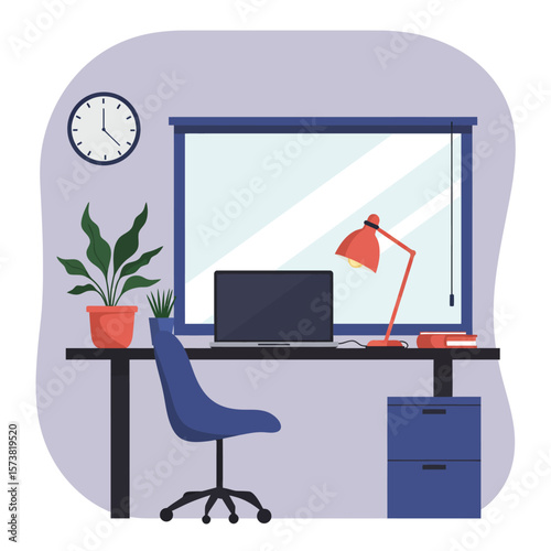 A stylized illustration of a home office workspace with a desk, chair, laptop, lamp, and plant.