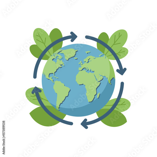 Circular arrows encircle a stylized Earth globe, surrounded by green leaves, symbolizing global sustainability and environmental recycling.