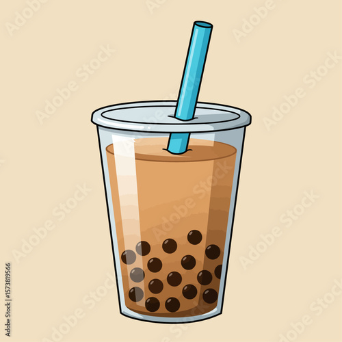 Cartoon illustration of a transparent plastic cup of bubble tea with a light teal straw.