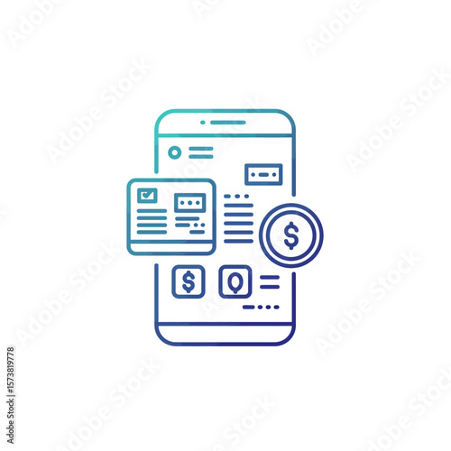 A smartphone displays a financial app with a coin icon, representing mobile banking or digital payments.