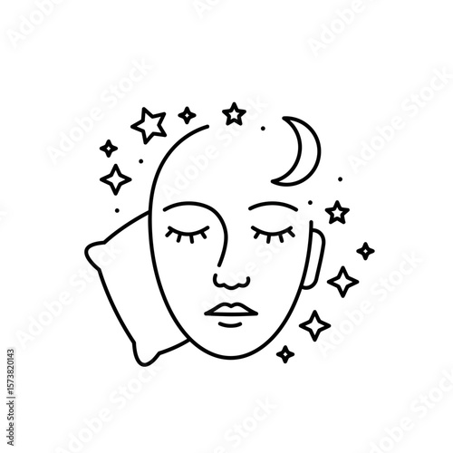 A line art illustration of a sleeping face with a pillow and celestial elements.