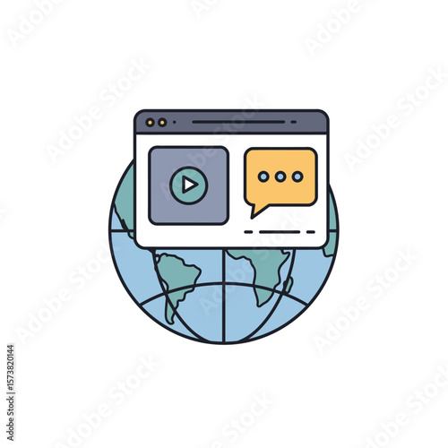 A stylized globe with a browser window displaying a video play icon and a speech bubble icon.