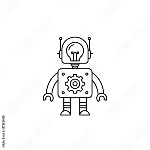 Simple line drawing of a robot with a lightbulb head and gear, representing innovation and technology.