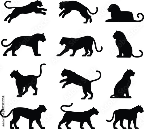 Black panther lion cheetah silhouettes in various poses, sitting walking running jumping, cad drawing, flat vector illustration, isolated animal