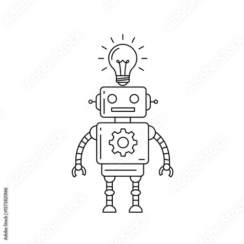A simple line drawing of a robot with a lightbulb above its head, symbolizing innovation and intelligent automation.