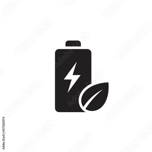 A black battery icon with a lightning bolt symbol and a leaf, representing green energy.