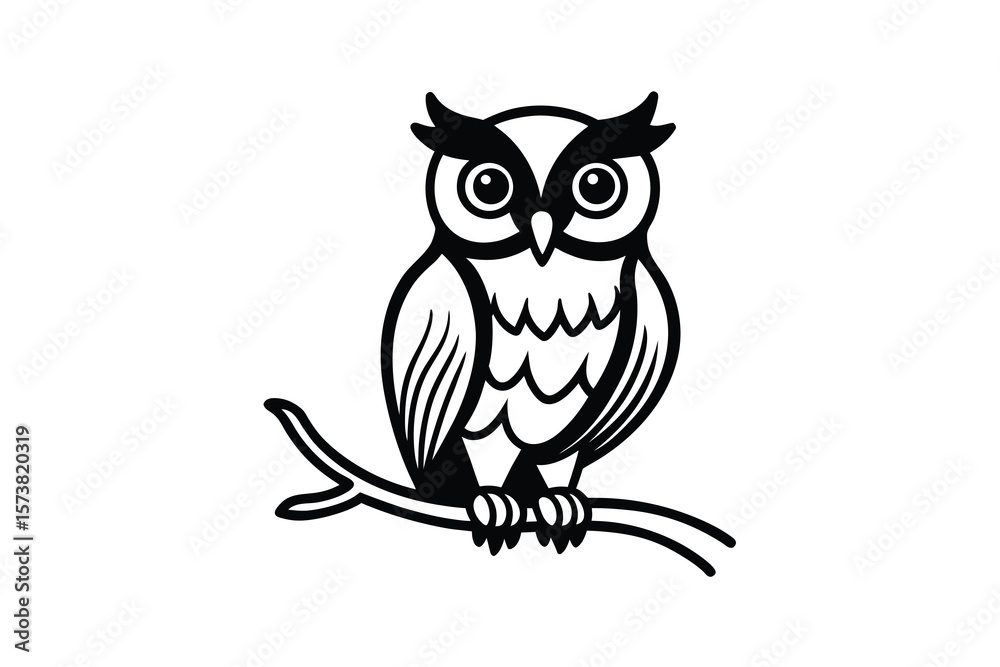 Fototapeta premium Wise Owl Perched on Branch Silhouette Illustration