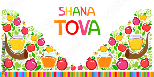 Rosh hashanah (jewish New Year holiday) concept. Traditional symbols. Template for postcard or invitation card, poster, banner. Horizont banner. Greeting, invitation card or flyer. Vector illustration