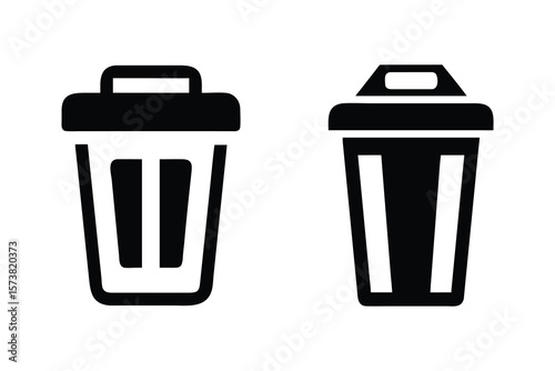 Two black and white vector icons representing different styles of trash cans or waste bins on a white background