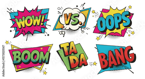 A colorful vector illustration of cartoon comic book explosion sale tags for a fun party celebration