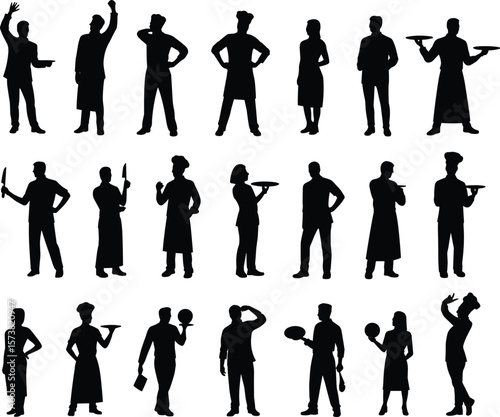 Chef and waiter silhouette collection, kitchen staff, restaurant workers, holding tray, knife, food, cad drawing, flat vector illustration, design