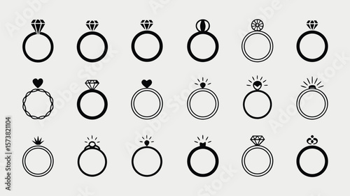 Array of Black and White Ring Icons Featuring Diamonds, Hearts, and Unique Designs