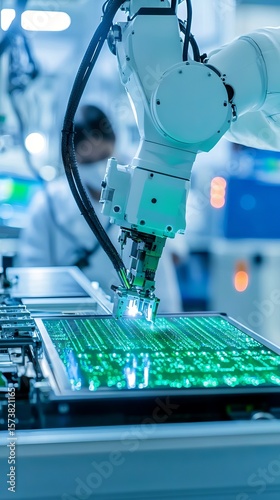 A robotic arm assembling products in a highly automated factory while a technician observes, clean and professional composition, copy space, natural color, minimalism, stock photography