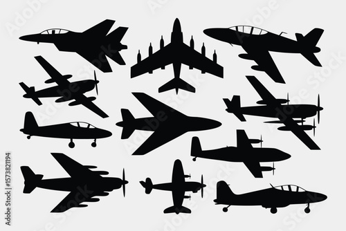 Black Airplane Silhouettes Variety of Planes, Fighters, and Propeller Aircraft on OffWhite Background