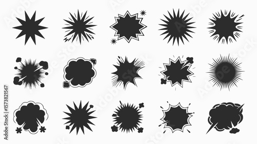 Fifteen Black and White Cartoon Explosion Shape Vectors Featuring Stars, Clouds and Splashes Resource