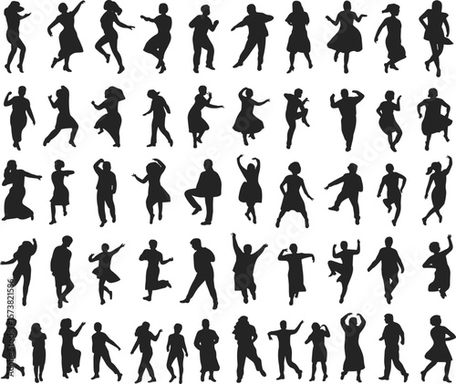 Dance silhouette people collection, vector drawing illustration, party movement poses, man woman children dancing, flat design, cad graphic art