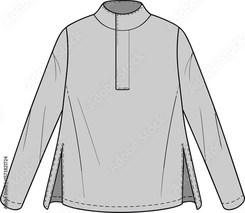Technical fashion flat sketch of women’s tunic top with long sleeves, high collar, placket front, side slits, vector drawing