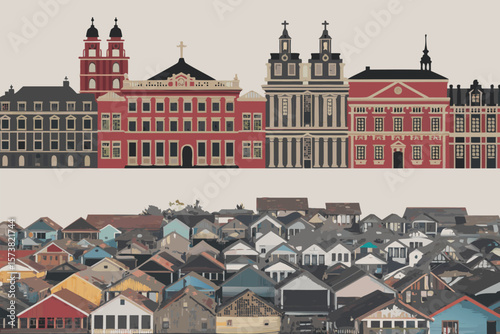 Illustration of Historic European Buildings and Traditional Rooftop Houses, Architectural Perspective View