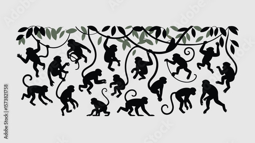 Monkeys Swinging and Hanging from Vines Silhouette Illustration Against a Pale Gray Background