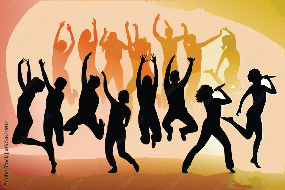 Fototapeta premium Silhouetted Crowd Dancing with Arms Raised and Singers Performing on Gradient Background in Festive Mood