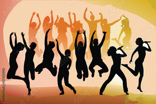 Silhouetted Crowd Dancing with Arms Raised and Singers Performing on Gradient Background in Festive Mood