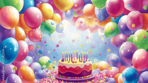 Colorful birthday party scene with festive balloons and a birthday cake topped with lit candles on a vibrant background




