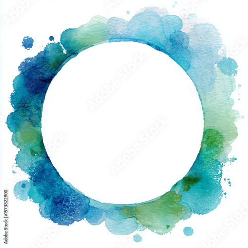 Watercolor pastel blue and green circular frame, white background